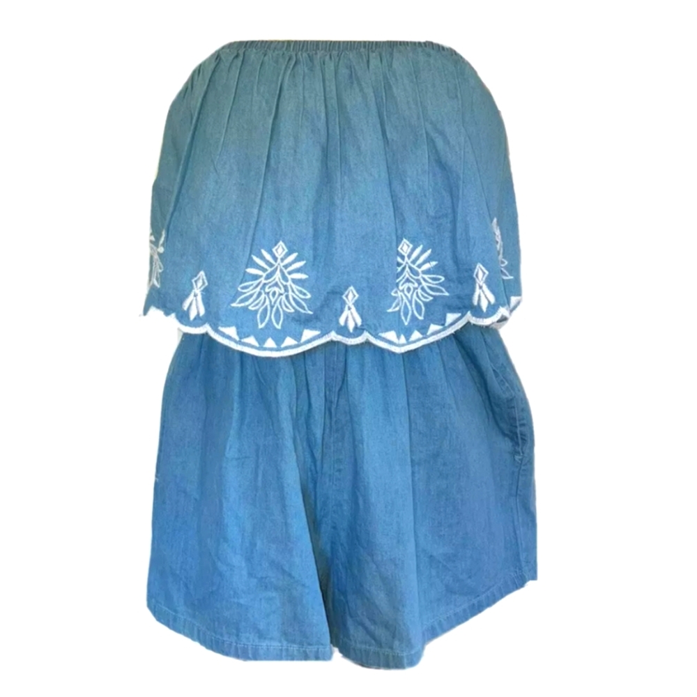 Japna Strapless Romper Blue Women’s White Embroidery Ruffle Size Small New